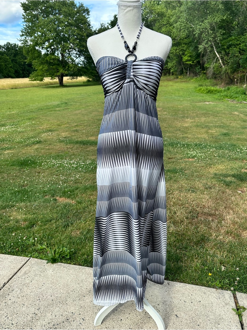 Black and White Strapless Maxi Dress with Ring Detail